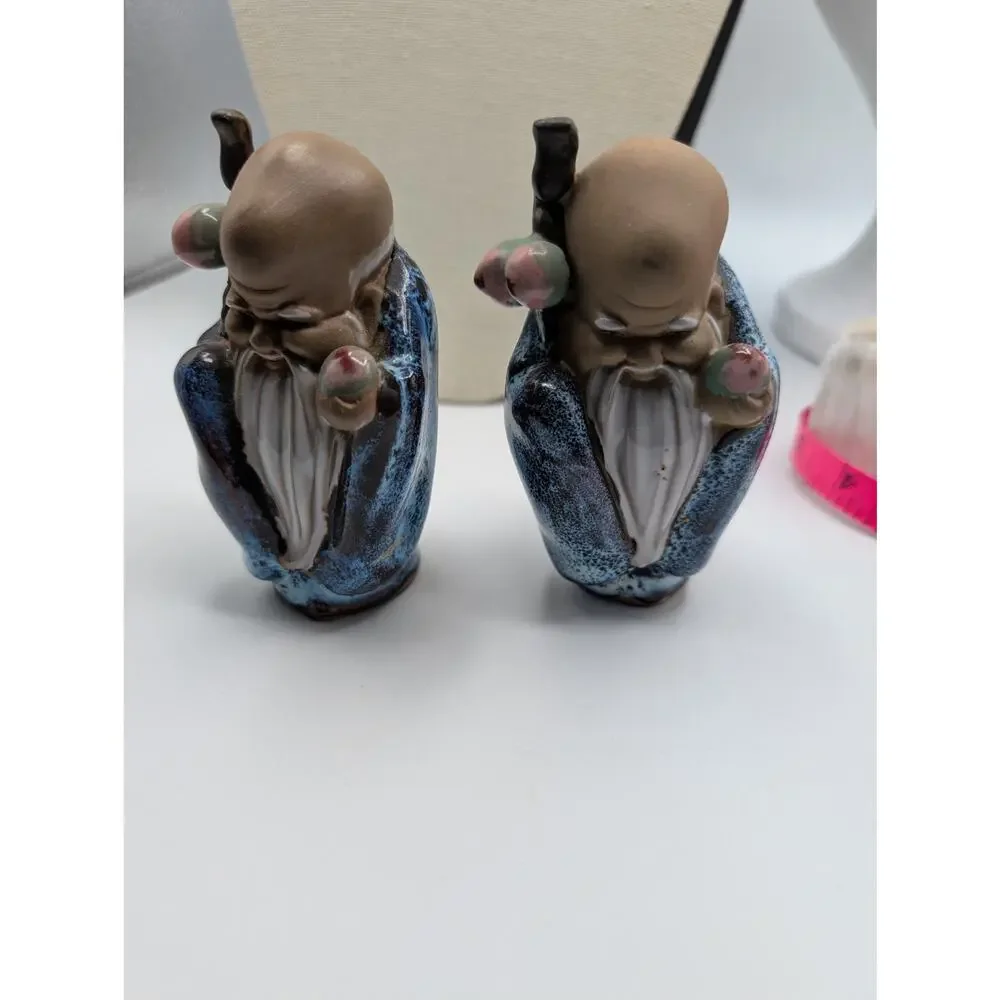 VTG Pair of Chinese Happy Buddha Figurines Glazed Clay Pottery Wise Old Man